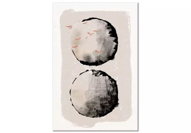 Deux lunes (1 partie) - abstraction avec deux cercles et oiseaux