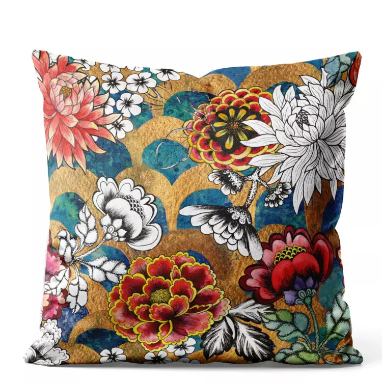 Jardin oriental - dahlias graphiques sur fond abstrait