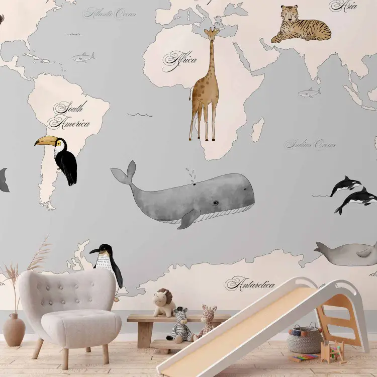 Carte du monde pour enfants - continents et océans en tons bleus