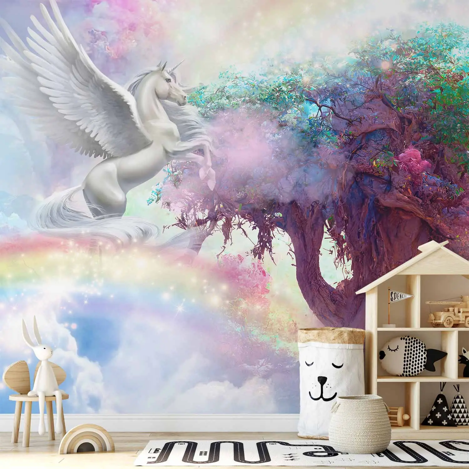 Tapisserie Murale Vintage 80s Licorne Cabrée Arc-en-Ciel – Velours 53x34 Cm, Rétro