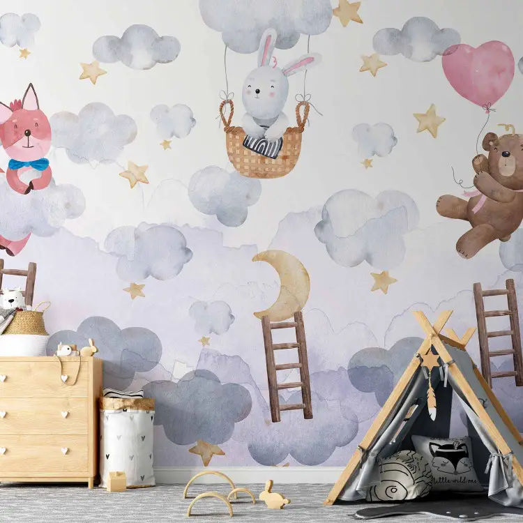 Pour enfants - ours, lapin et renard volant parmi étoiles et nuages