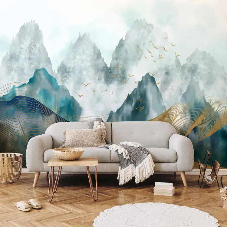 Montagnes cobalt - paysage peint aquarelle bleue et or
