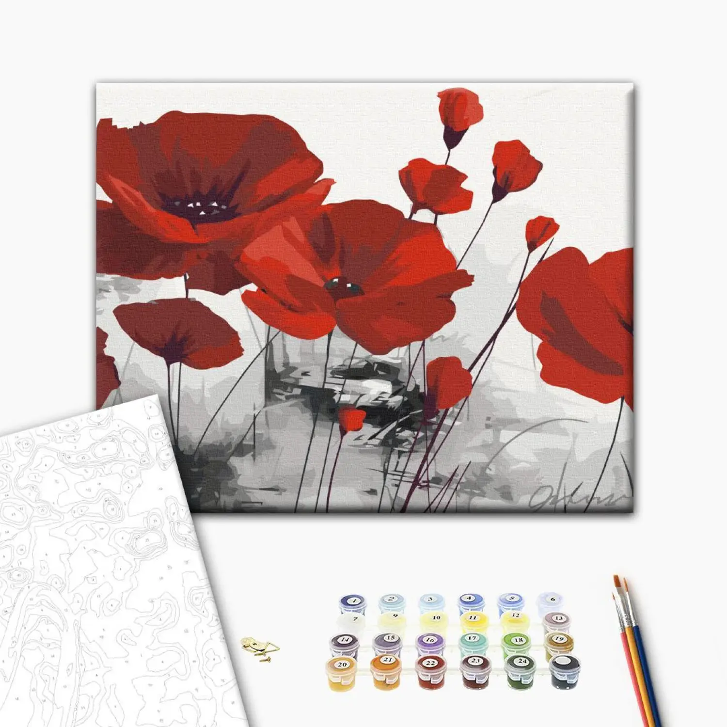 Kit Peinture Par Numéros Coquelicots Rouges - Toile 30x40 Cm, Peintures Acryliques, Pinceaux, Décoration Maison