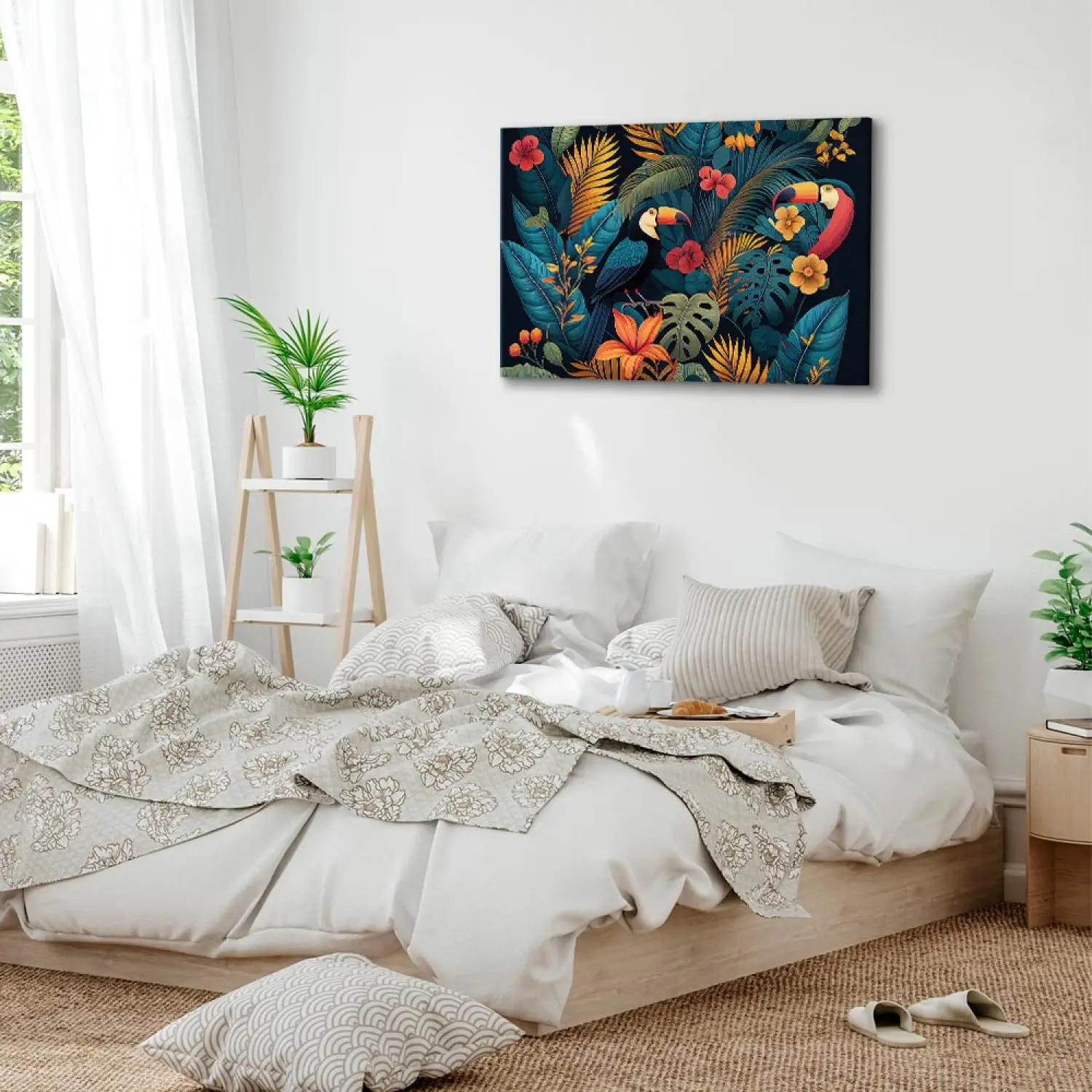 Tableau Décoratif En Toile Forme Arche 'Oiseaux Fleuris' - 54 X 100 Cm - Multicolore - Pour Salon, Chambre