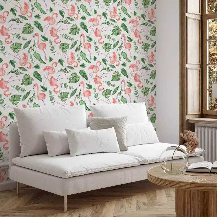 Motif exotique - flamants roses et feuilles vertes sur fond blanc
