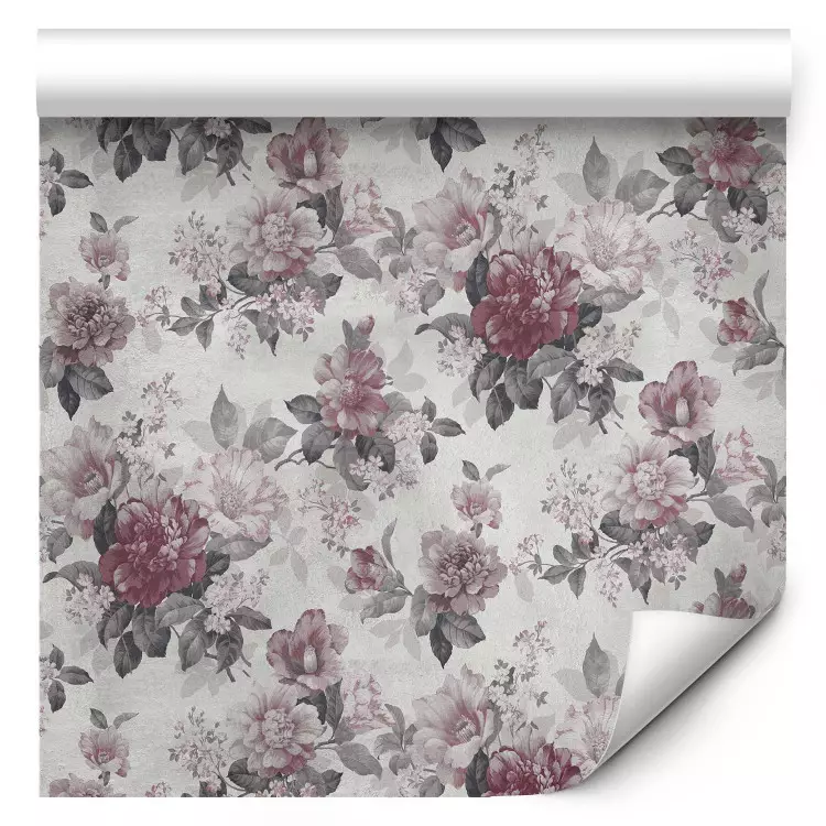 Pivoines lilas - fleurs blanches roses, feuilles grises fond clair