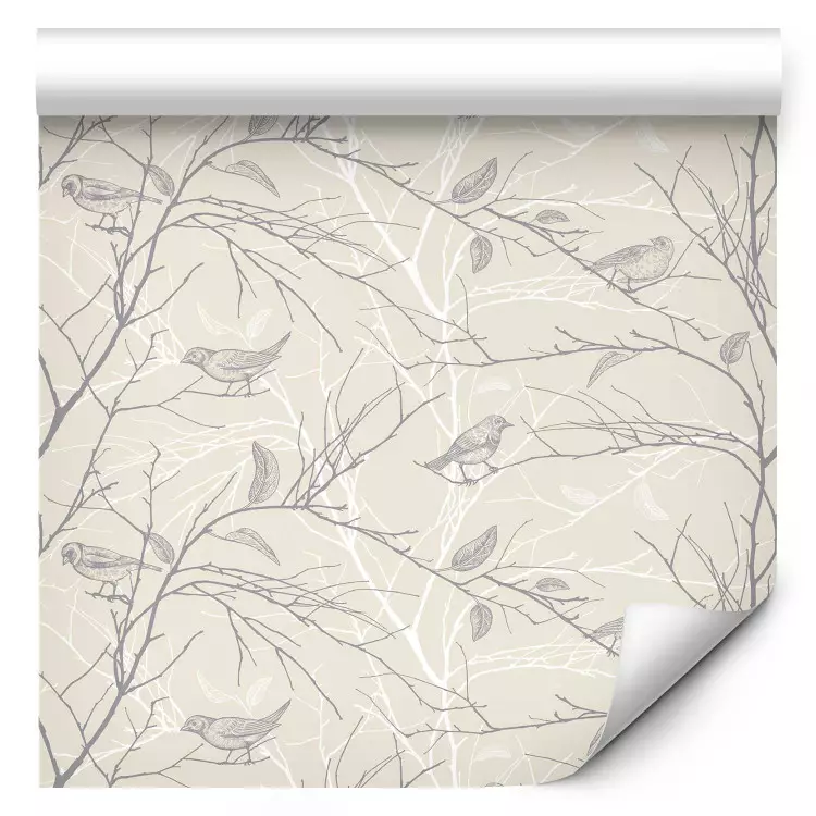 Motif forestier - petits oiseaux gris sur des branches sur fond beige