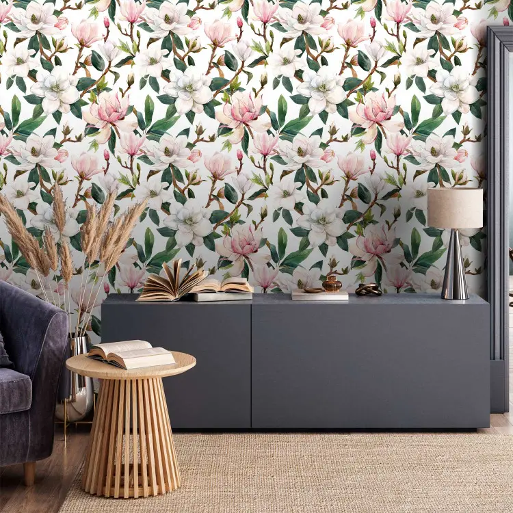 Belle magnolia - motif de fleurs blanches et roses sur des branches