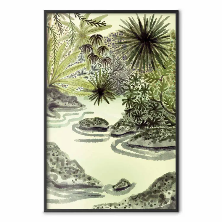 Lac tropical - paysage aquarelle aux nuances de vert