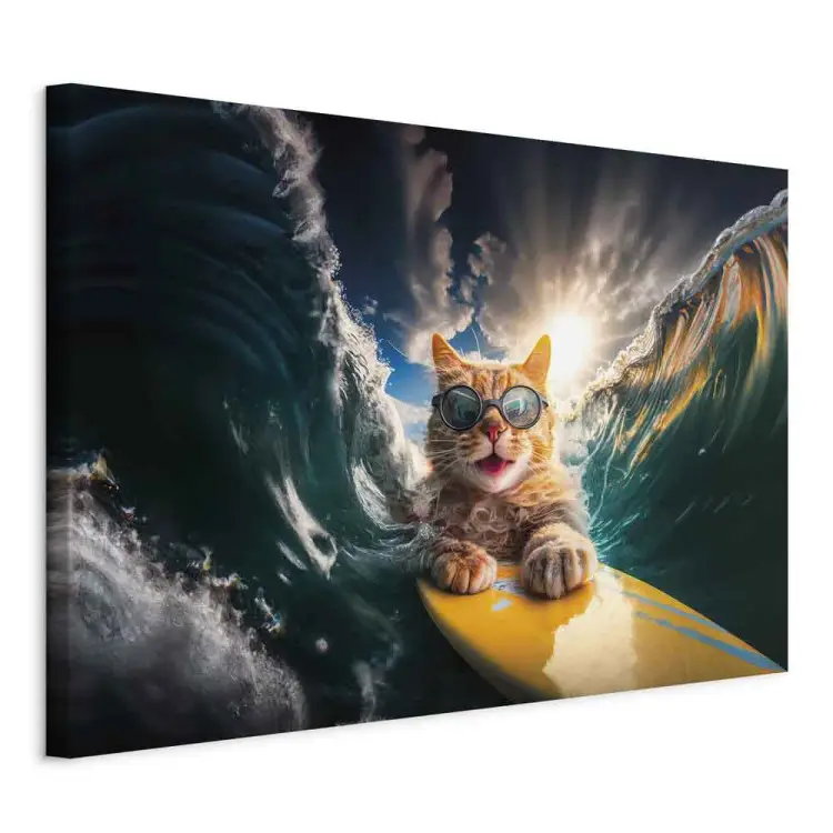 AI chat - animal roux surfant sur une planche - horizontal