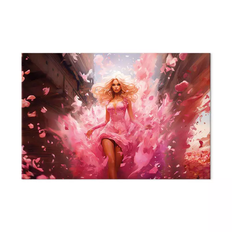 Grand tableau moderne Explosion de rose Barbie au sommet dans tenue incroyable bimago