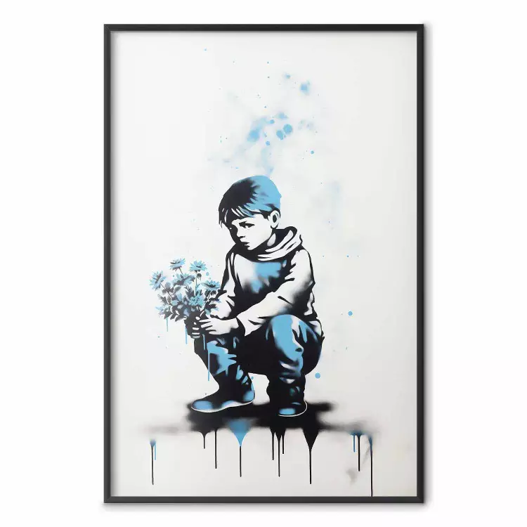 Graffiti bleu - garçon avec bouquet inspiré de Banksy