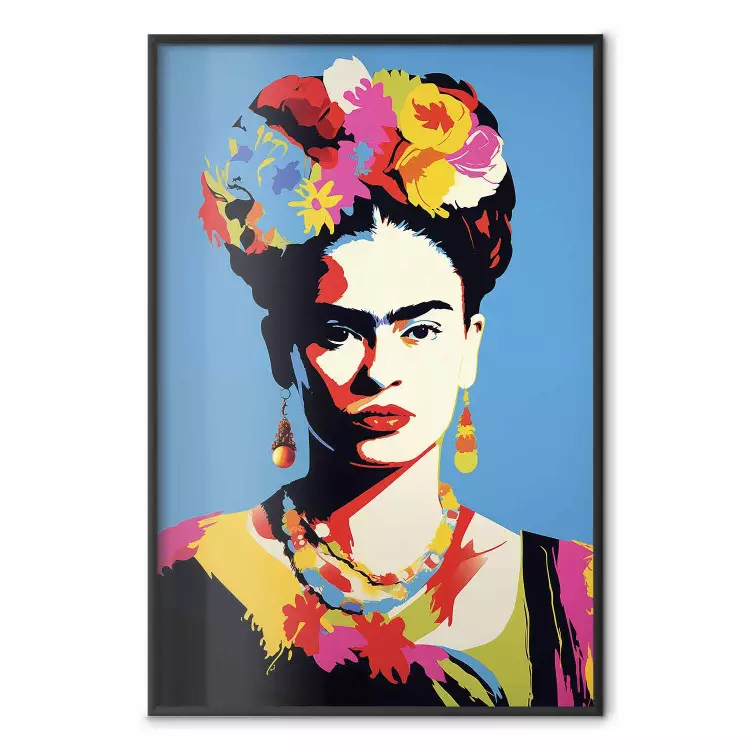 Portrait bleu - Frida Kahlo fleurs cheveux pop-art