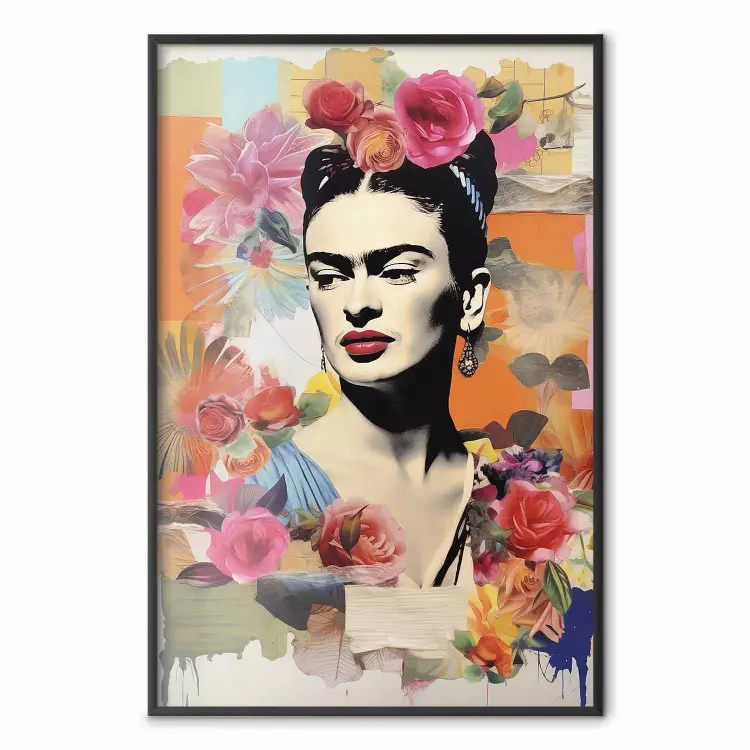 Collage avec Frida - portrait coloré avec des fleurs en arrière-plan