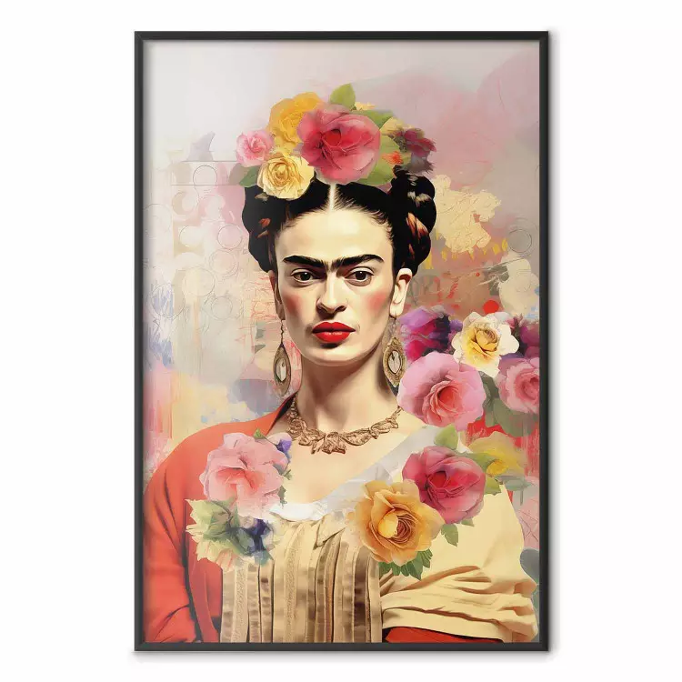 Portrait subtil - Frida Kahlo sur fond flou plein de fleurs