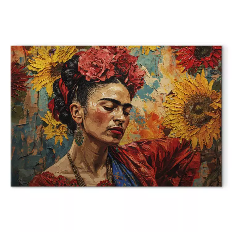 Frida Kahlo - femme sur fond de tournesols dans le style de Van Gogh