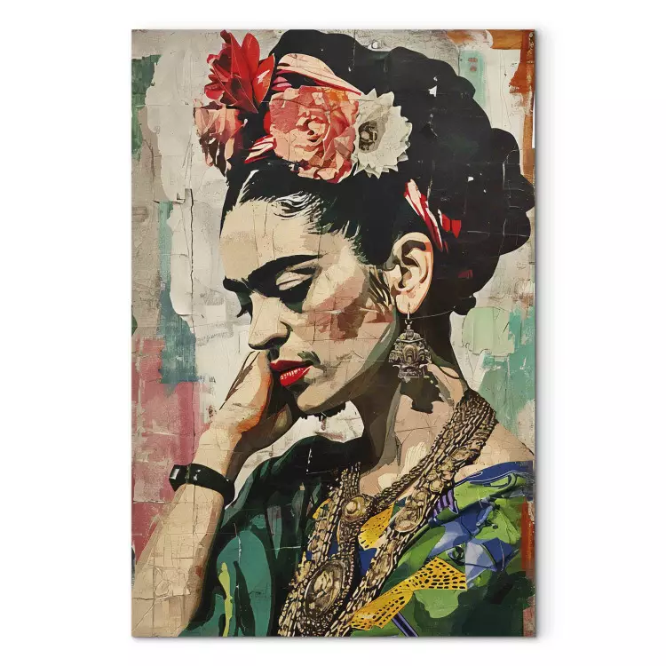 Frida Kahlo - portrait coloré de femme sur mur fissuré