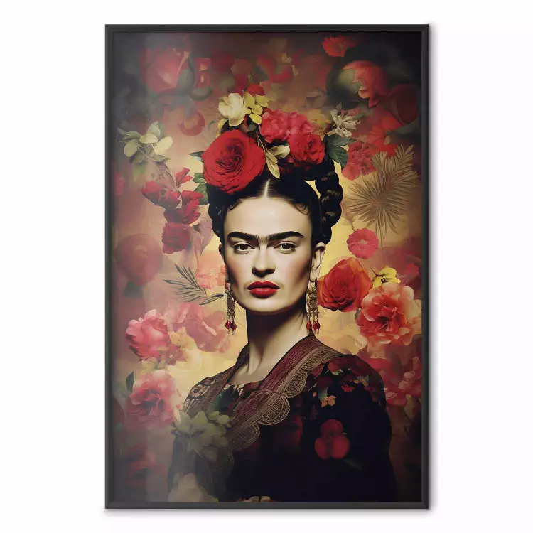 Portrait avec des roses - Frida Kahlo sur fond brun fleuri