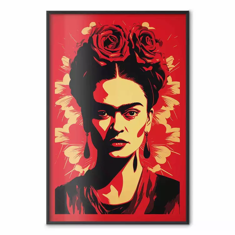 Portrait de Frida - représentation d'affiche de peintre sur fond rouge