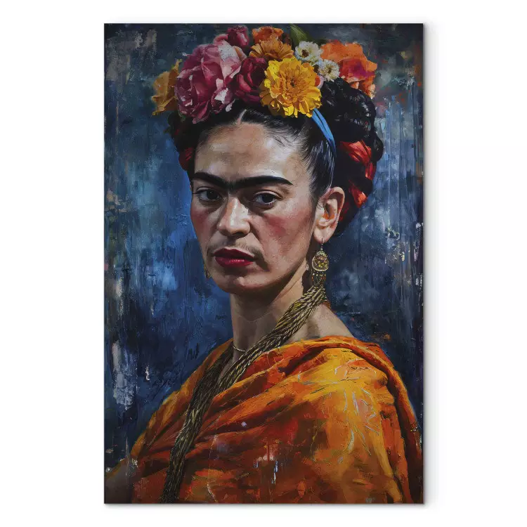 Frida Kahlo - portrait pictural de l'artiste sur fond bleu foncé