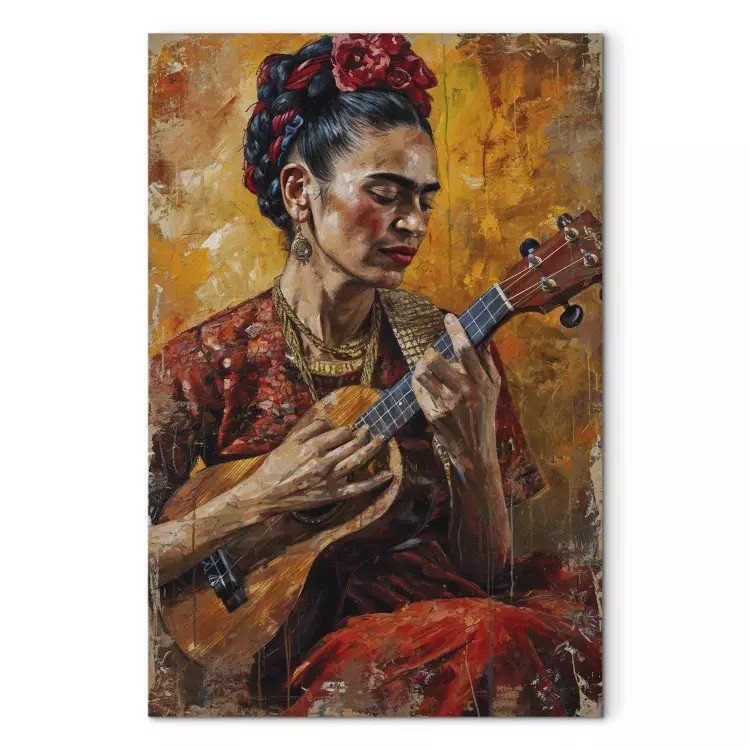Frida Kahlo - femme jouant du ukulélé en tons bruns