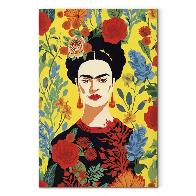 Frida Kahlo - portrait de l'artiste sur fond floral jaune