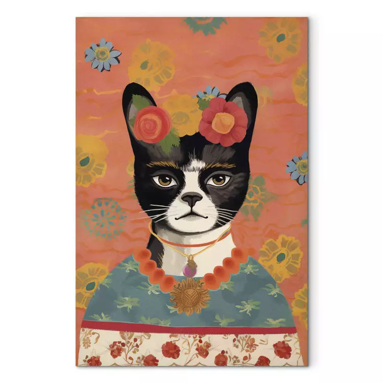 Portrait d'animal - chat avec des fleurs inspiré de l'image de Frida