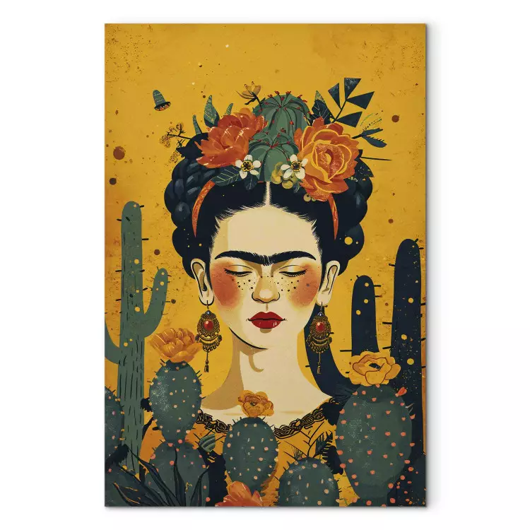Frida avec des cactus - portrait de la peintre sur fond orange