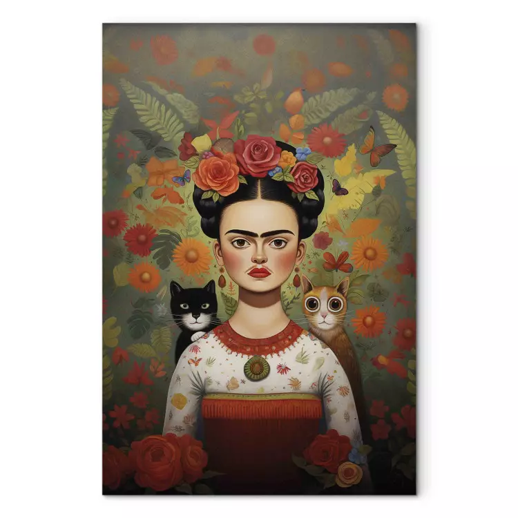 Cartoon Frida - portrait coloré de l'artiste avec deux chats