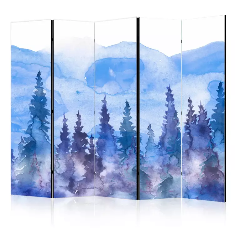 Watercolor Landscape - Cobalt Forest of Christmas Trees on the Background of Mountain Peaks II [Room Dividers]