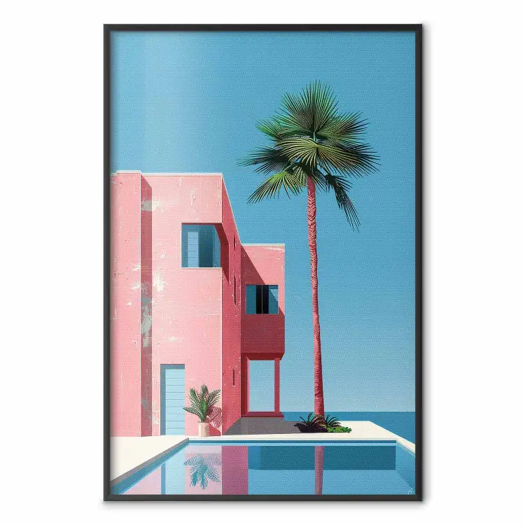 Villa rose - architecture moderne avec palmier et piscine