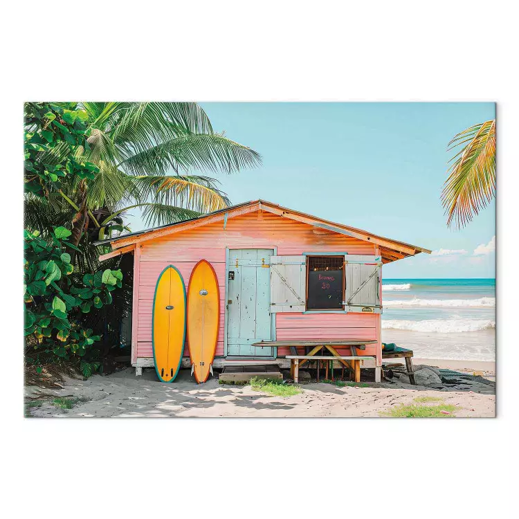 Surfing hut - maison en planches colorée sur une plage tropicale
