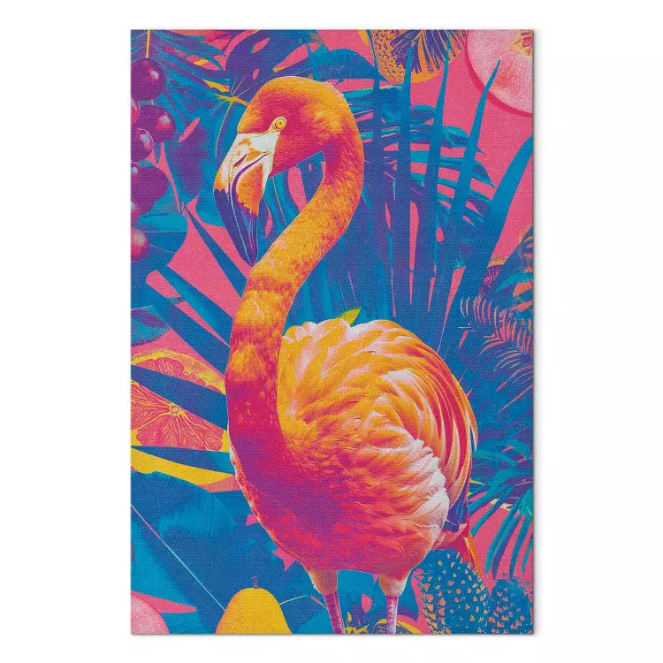 Flamant coloré - oiseau exotique avec feuilles et fruits