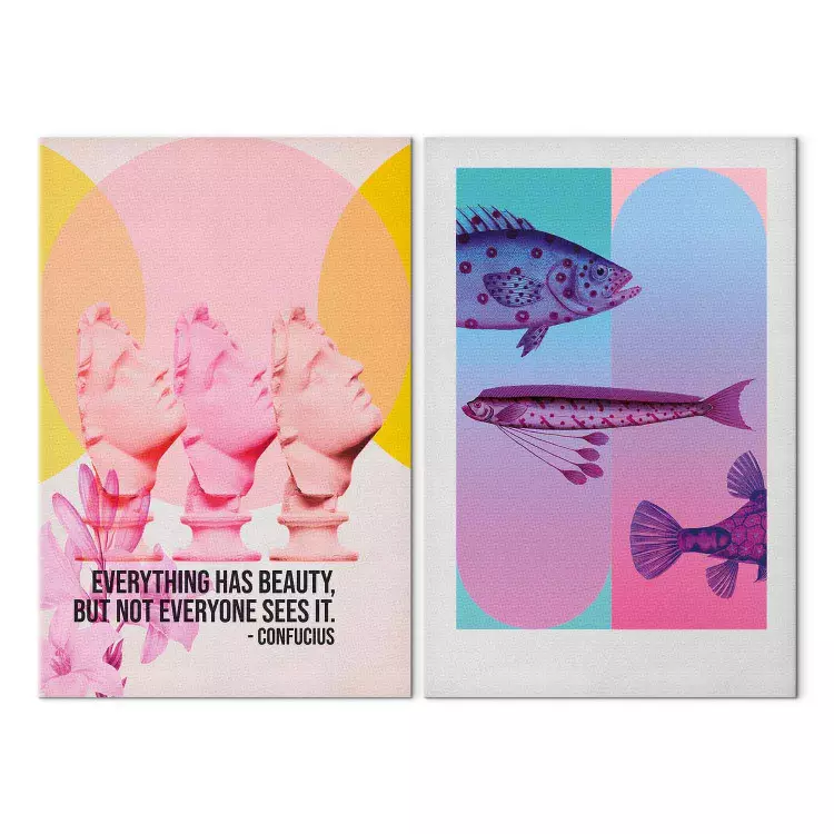 Compositions fantaisistes - poissons et sculptures avec citations