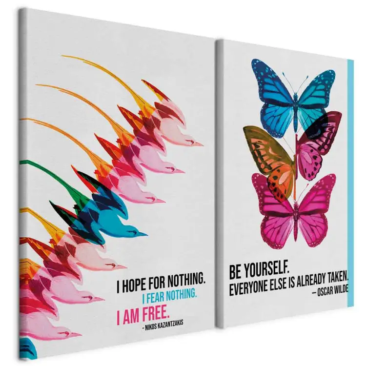 Oiseaux de liberté - citations de Kazantzakis et Wilde sur fond coloré