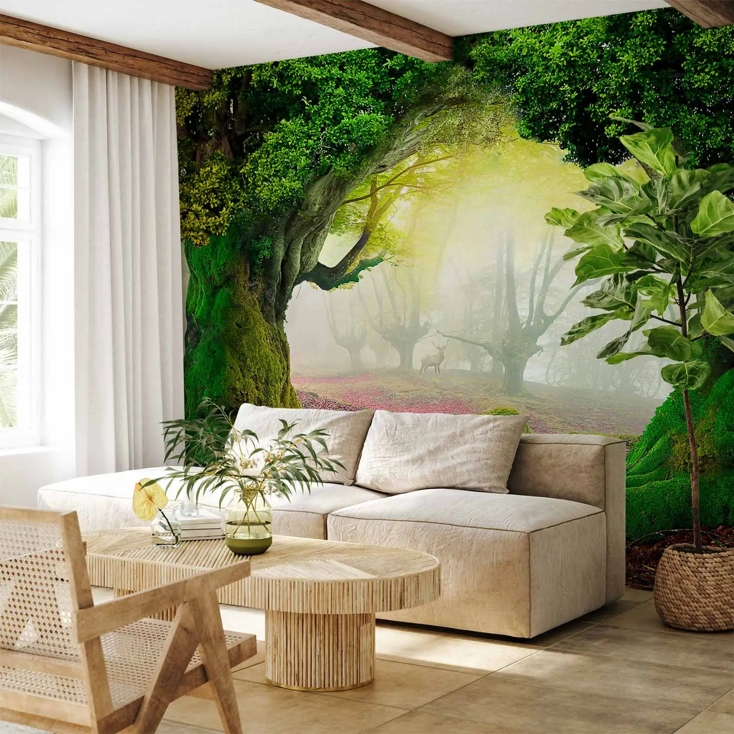 Papier Peint Panoramique Forêt Verte - Moderne, Intissé, Résistant Aux UV - Pour Chambre Et Salon