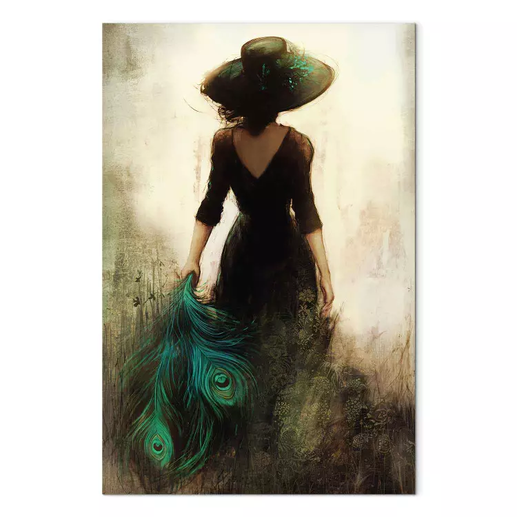 Mysterious Woman - Enigmatic Lady with Peacock Feathers on Her Dress