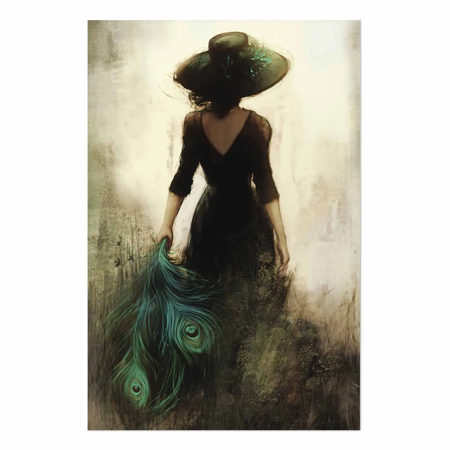 Poster mural Paon femme en robe noire avec des plumes dans son