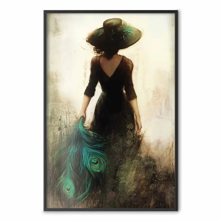 Poster mural Paon femme en robe noire avec des plumes dans son