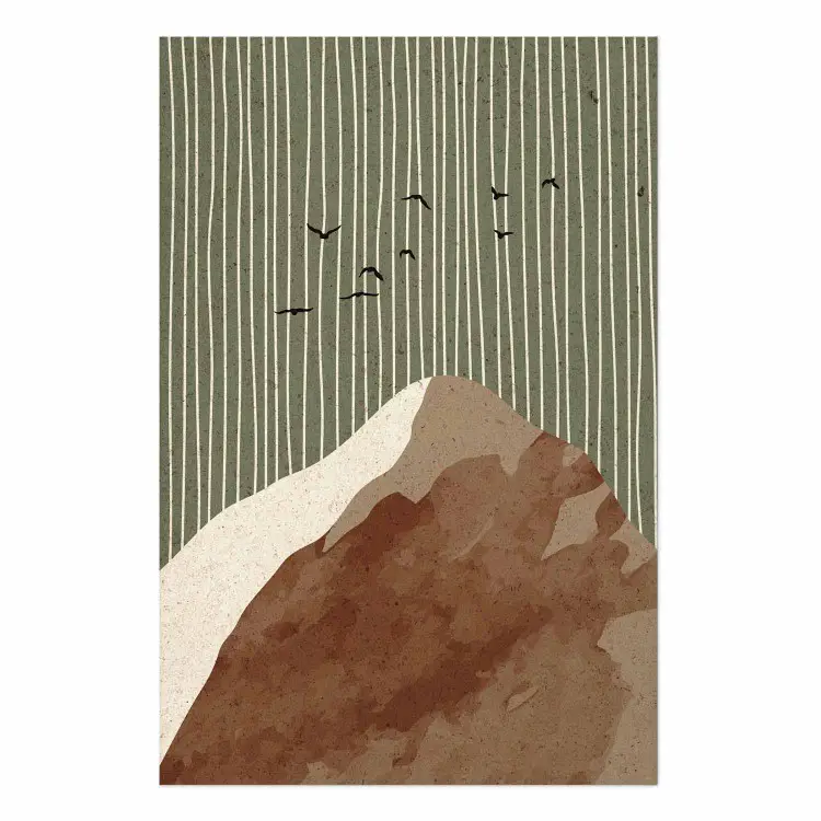 Vol au ciel vert - montagne abstraite avec oiseaux et lignes