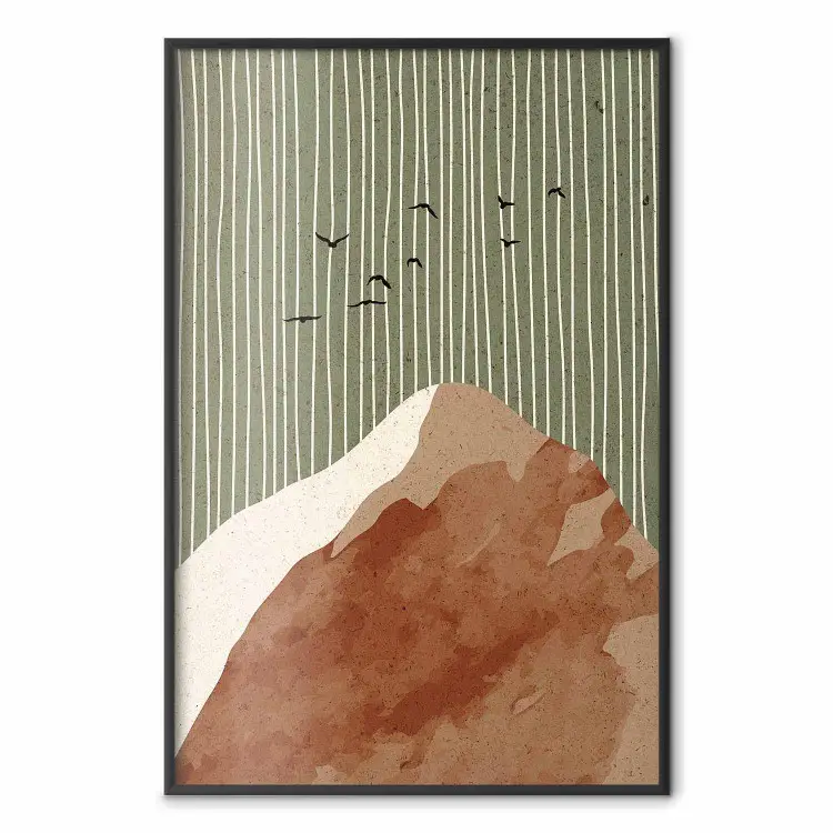 Vol au ciel vert - montagne abstraite avec oiseaux et lignes