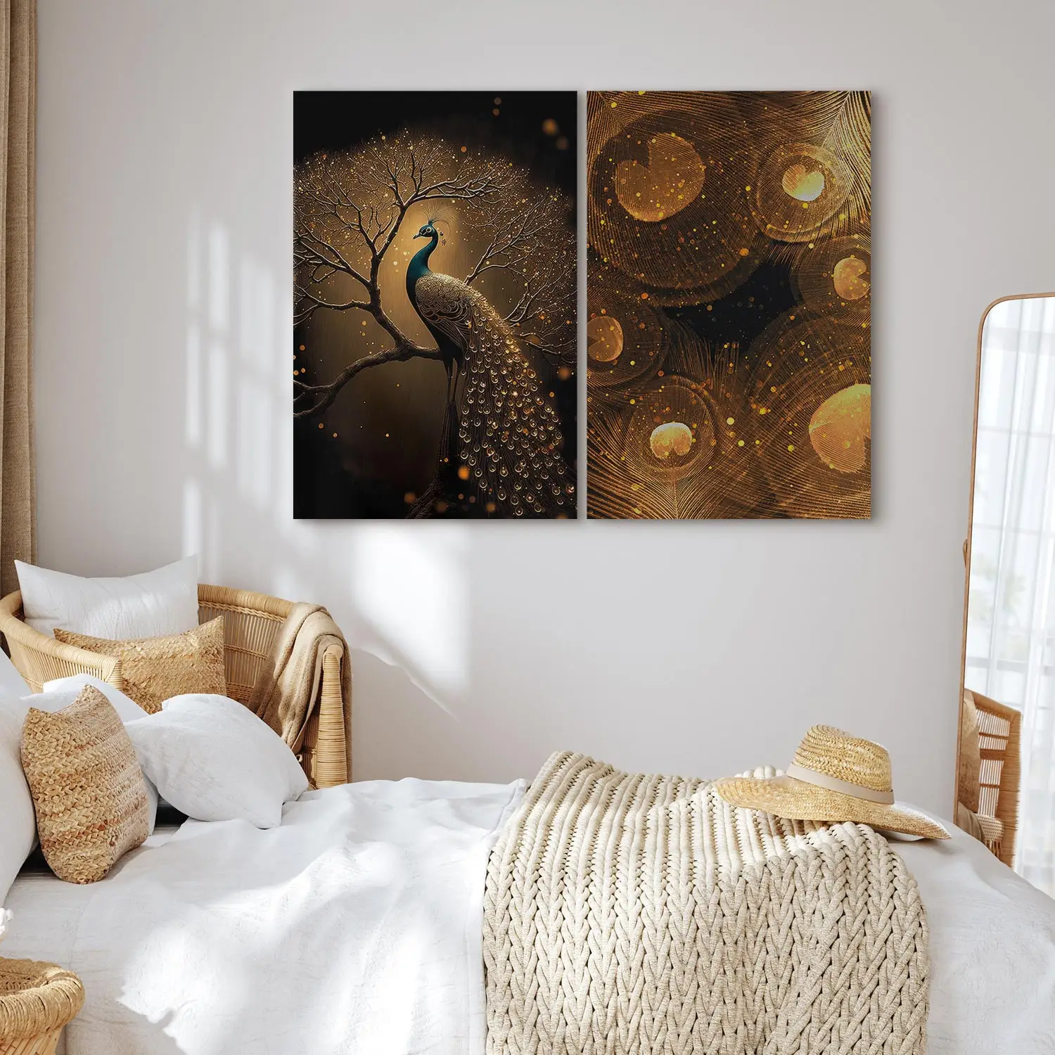 Feeby Tableau Sur Toile Oiseau Paon Beige - 120x80 Cm, Décoration Murale Élégante