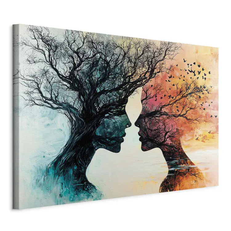Symbiose des éléments - union artistique d’arbres, visages et oiseaux