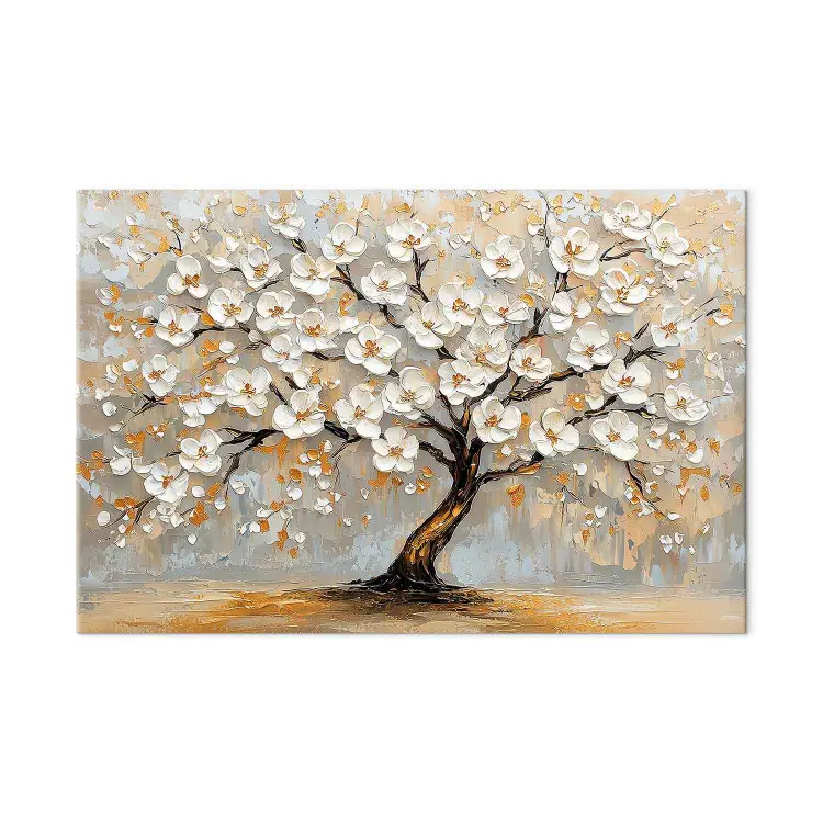 Cerisier en fleurs - arbre blanc avec feuilles dorées