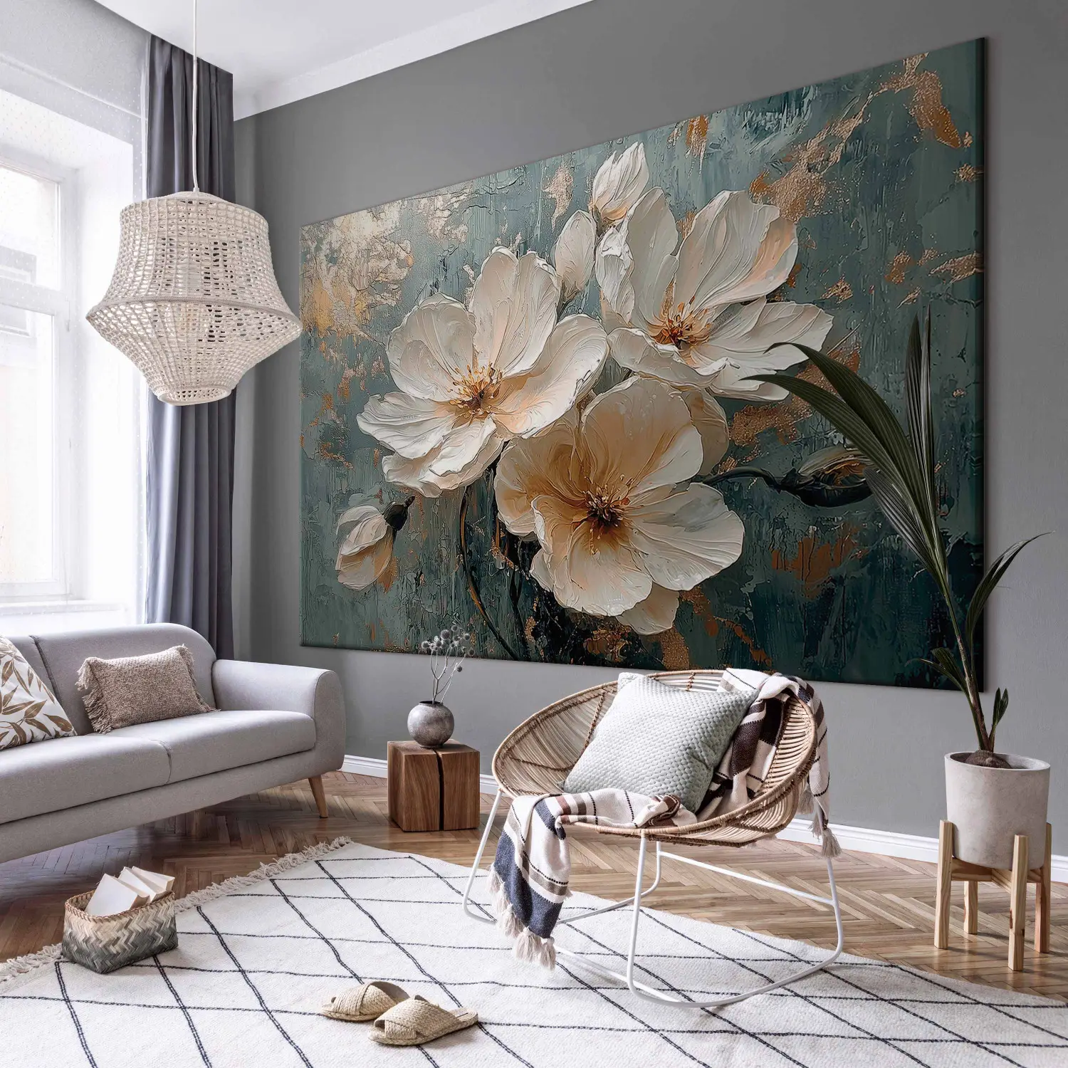 Tableau contemporain Lys - Eau transparente et fleurs blanches sur fond noir