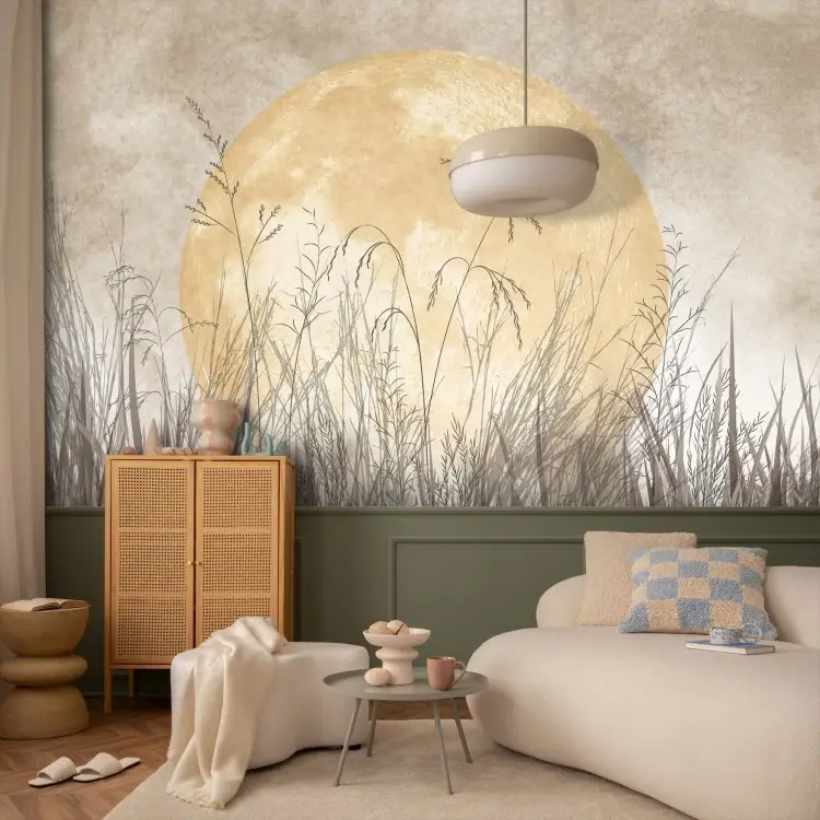 Lune dorée - herbes dans le vent sur fond de grand globe nocturne