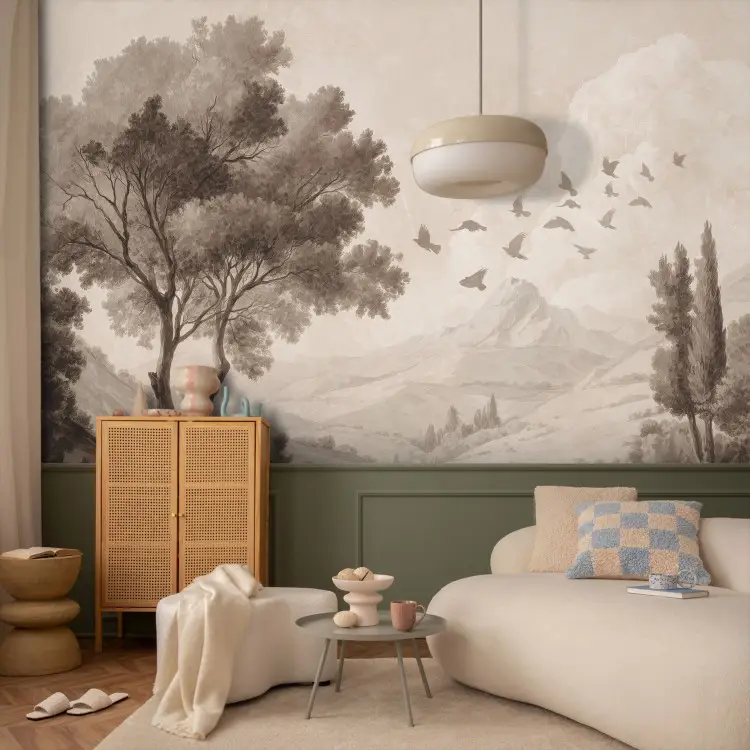 Paysage sépia - arbre sur une colline avec des oiseaux au-dessus d'une vallée de montagne