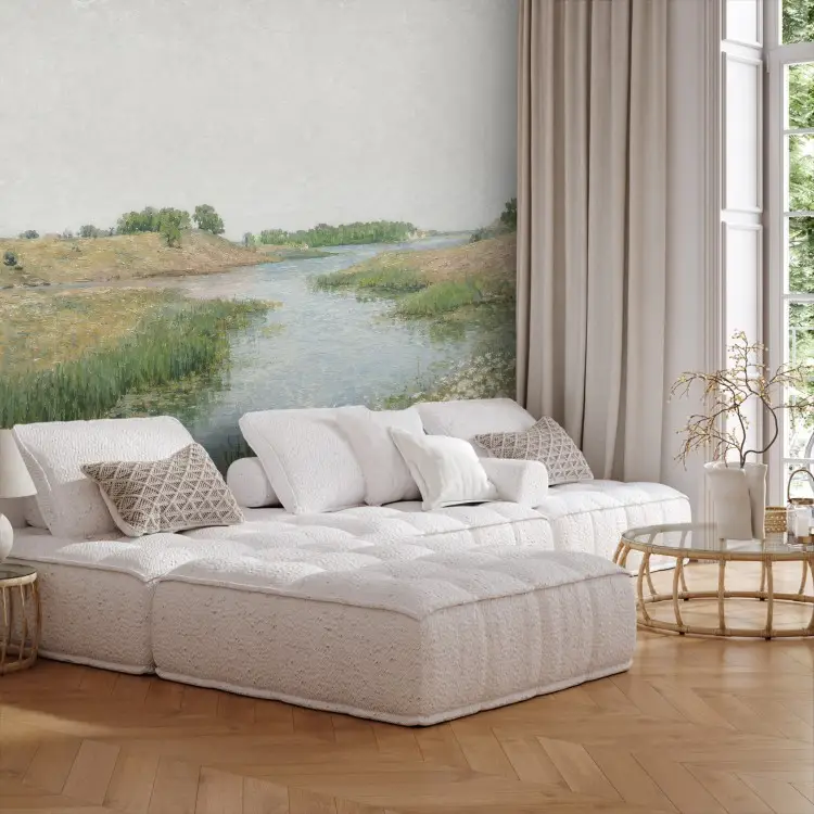 Une rivière paisible - une prairie idyllique aux détails blancs fleuris