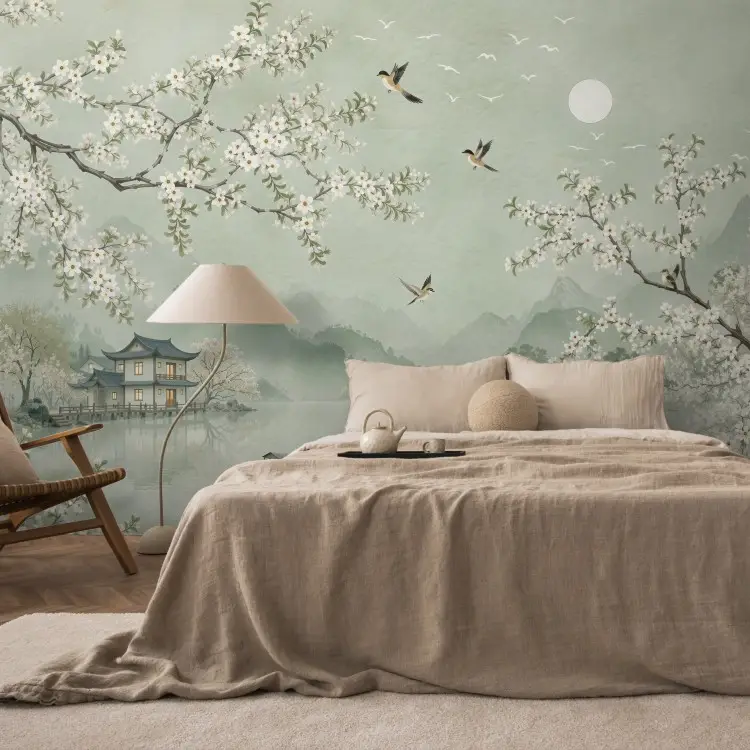 Paysage asiatique - eau calme entourée de branches de cerisiers orientaux en fleurs