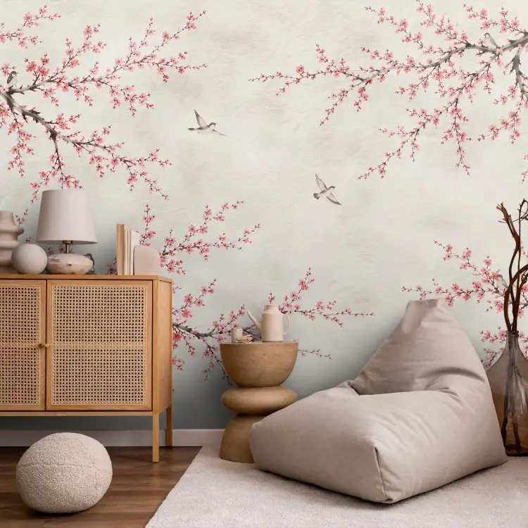 Fleurs roses - branches de cerisier avec des oiseaux sur fond clair